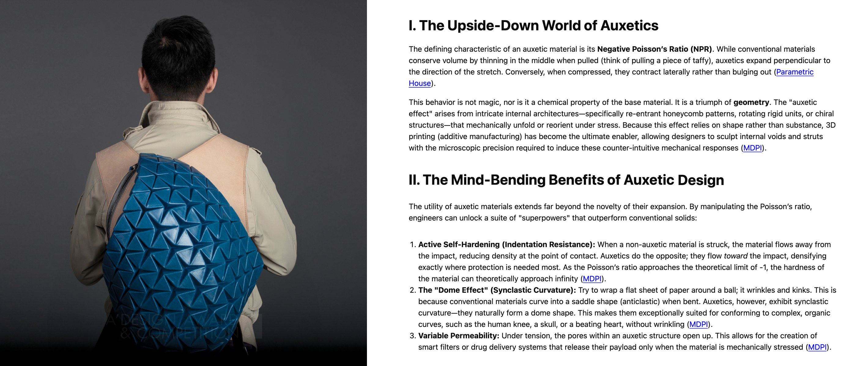 The Phoresy Pack Backpack next to a portion of a report created on Auxetic metamaterials