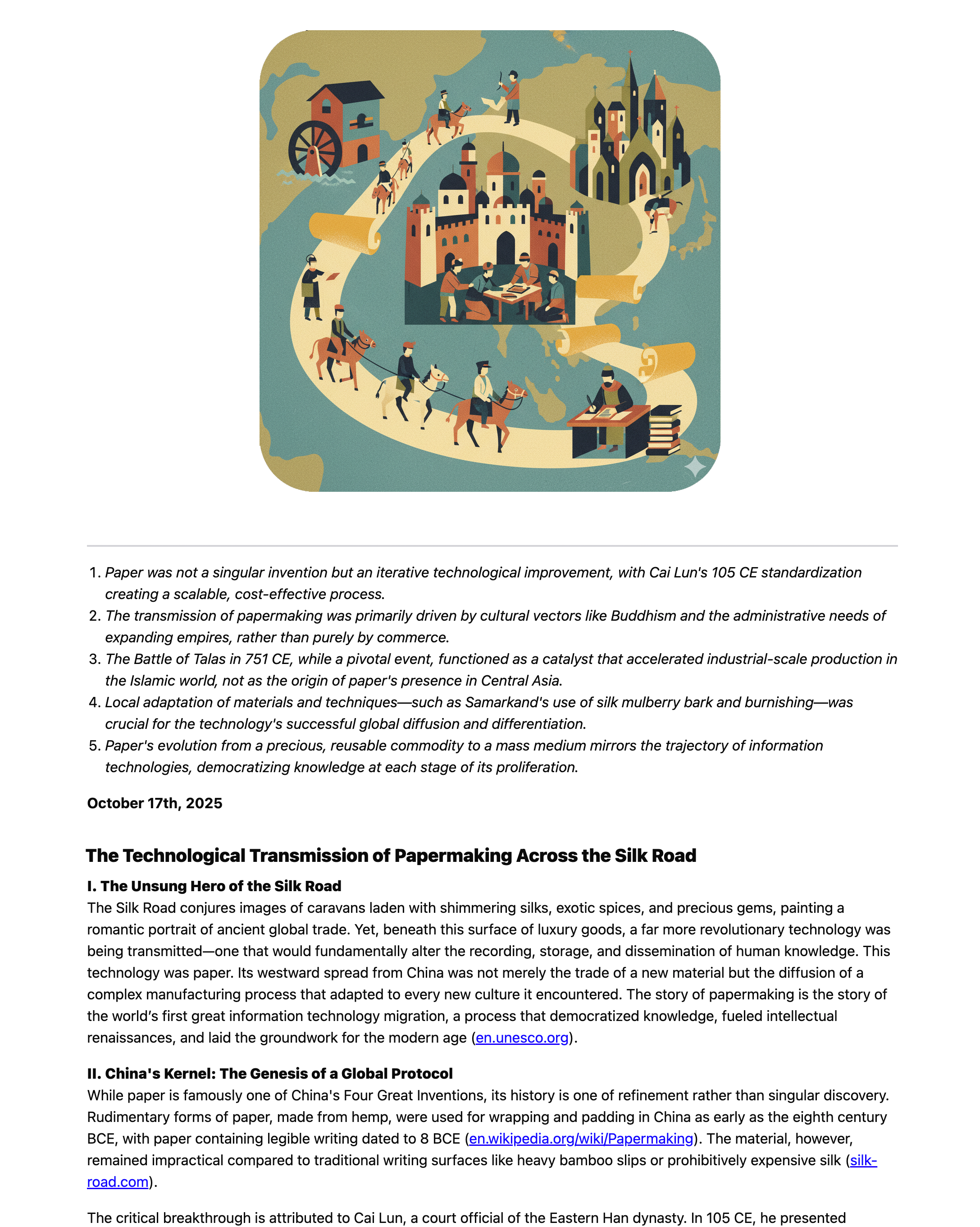 A screenshot of a report on the history of papermaking on the Silk Road