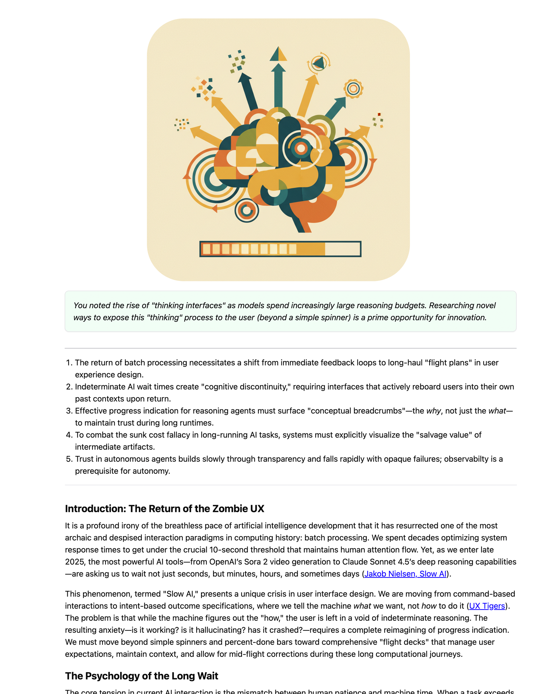 A screenshot of a report on UX patterns for long-running AI tasks