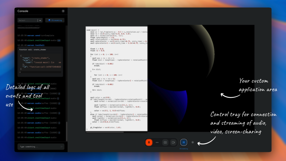The console provides an empty application area, a control tray for all media needs and automatic detailed logging A diagram showcasing the 3 main areas of the console
